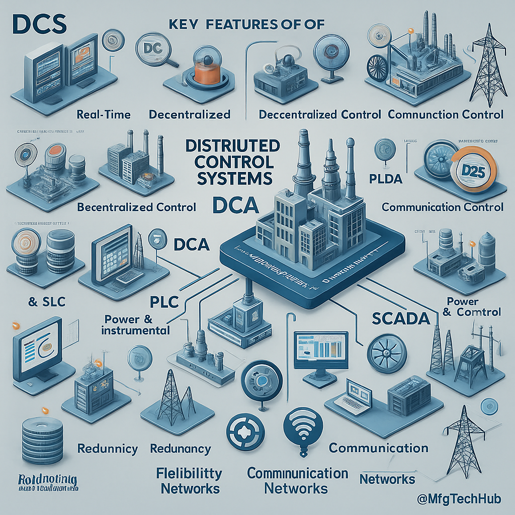 A infographic illustrating key features of Distributed Control Systems (DCS), including real-time control, HMI, PLCs, SCADA, redundancy, communication networks, and flexibility, with a modern industrial plant.