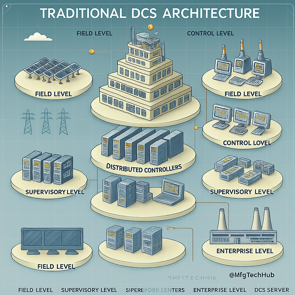 Traditional DCS architecture with field level, control level, distributed controllers, supervisory level, and enterprise level