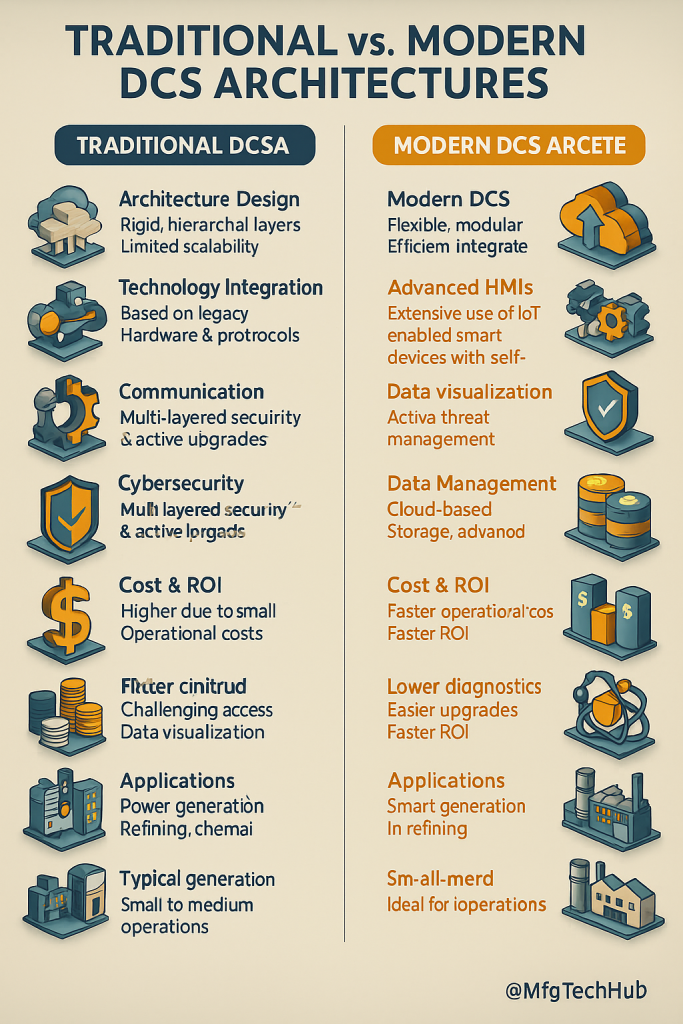 Comparing traditional and modern DCS architectures across key aspects such as design, technology, communication, cybersecurity, cost, and applications