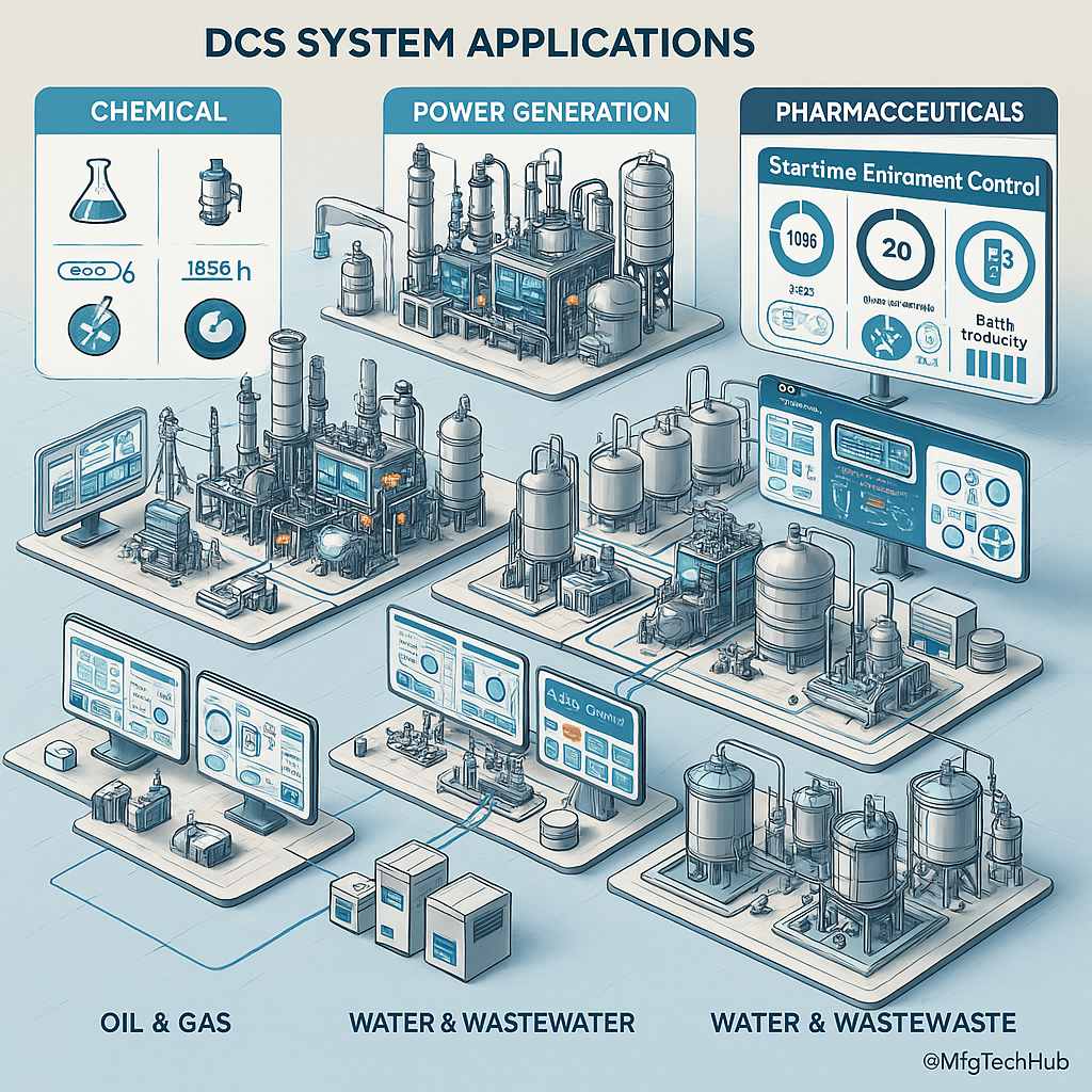 DCS system applications in industries like chemical, oil and gas, water treatment, power, and pharmaceutical