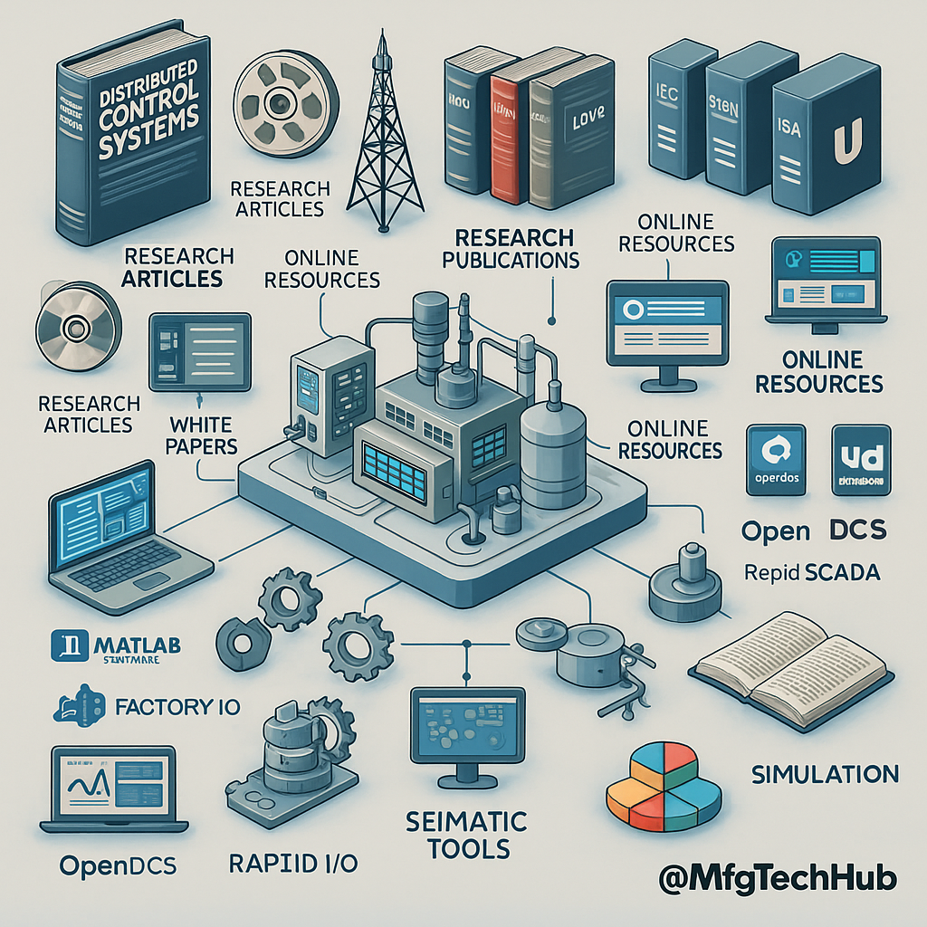 Infographic showing books, standards, tools, and resources related to Distributed Control Systems (DCS) including Siemens, IEC standards, ISA guidelines, simulation tools, and case studies