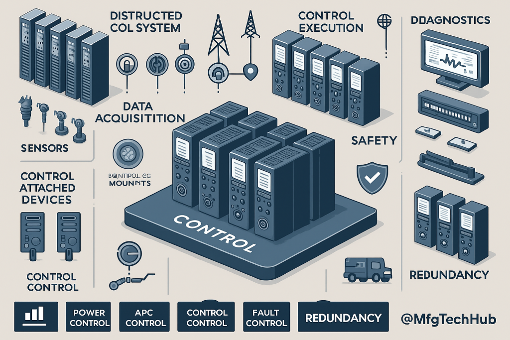 An infographic showing control stations, data acquisition, control execution, sensors, and diagnostics in a Distributed Control System (DCS)