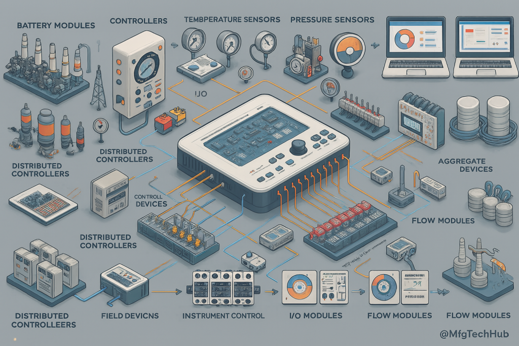 Distributed Control System (DCS) components including controllers, I/O modules, sensors, field devices, and communication networks