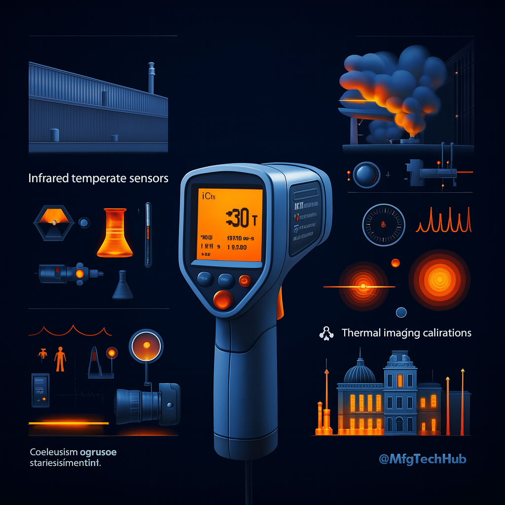 Thermal imaging calibration methods, infrared temperature sensors, and industrial applications with corrected spelling and labeled components.