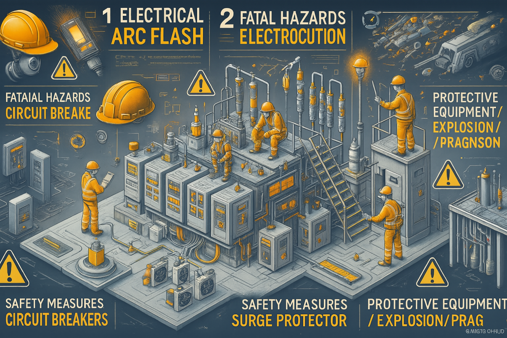 electrical hazards like arc flash and electrocution with protective equipment and safety measures including surge protectors, arc breakers, and lockout-tagout (LOTO) procedures.