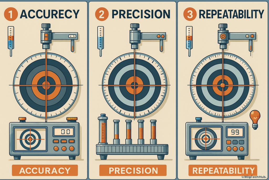 A 3D-style infographic comparing accuracy, precision, and repeatability in measurement, with corrected spellings and isometric lab instrument illustrations.