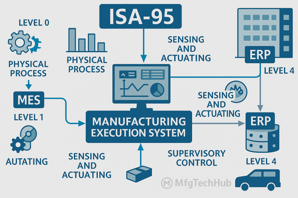 ISA-95 model diagram showing MES (Manufacturing Execution System) integrated between shop floor and ERP levels with labeled control layers.