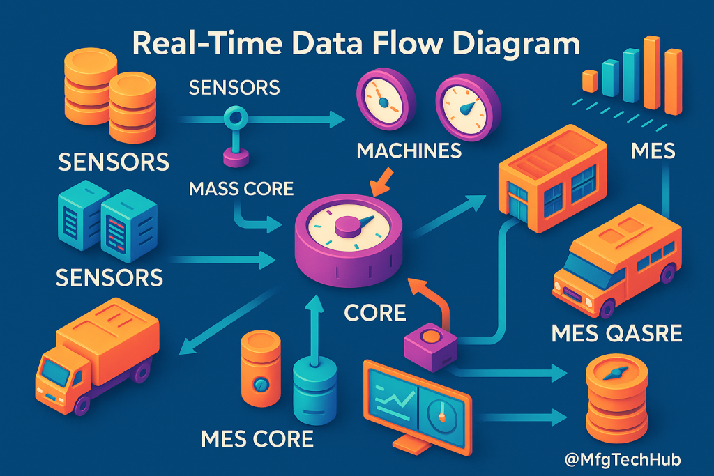 a real-time data flow diagram for MES systems, featuring icons for sensors, machines, MES cores, trucks, and data charts, with arrows connecting each element, on a blue background