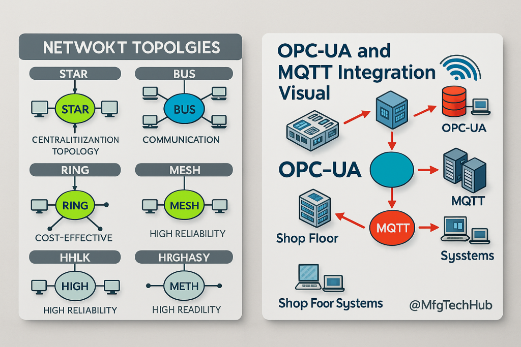 Infographic showing various network topologies and OPC-UA and MQTT system integration with MES and shop floor systems