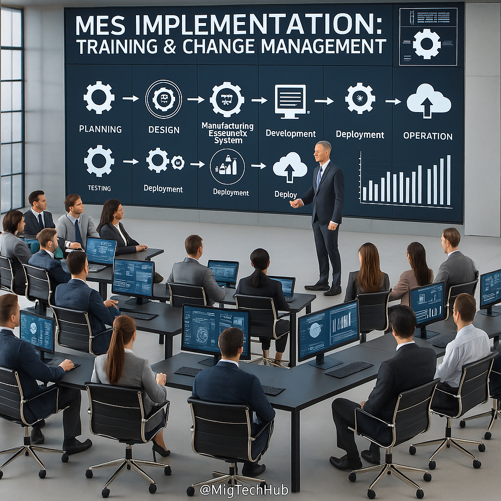 A professional MES implementation training session with employees learning from a presentation screen