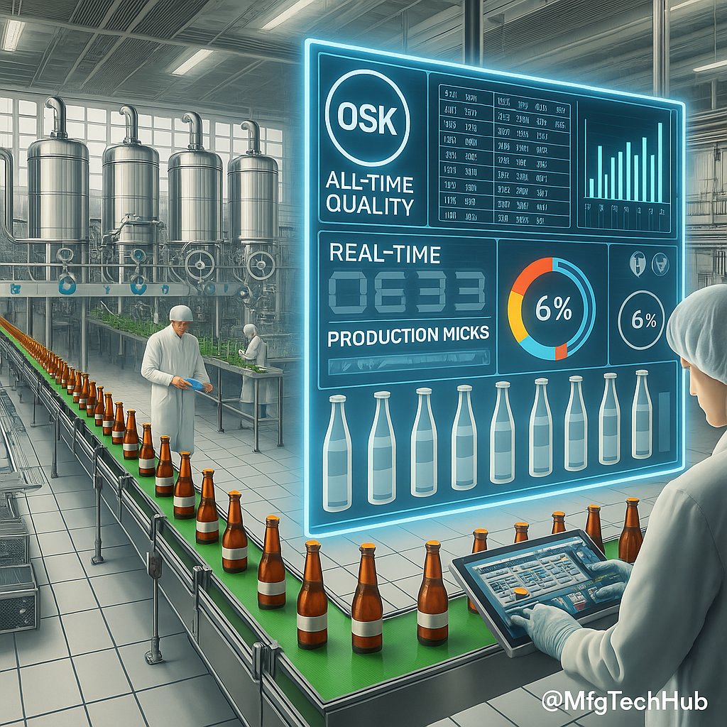 A infographic showing MES dashboards monitoring an industrial chemical processing plant with tanks, pipes, and live data visualization