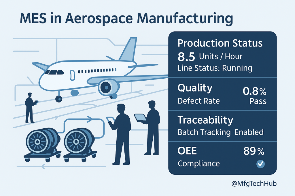 Infographic showing MES in aerospace manufacturing with an airplane assembly line, dashboards, engine modules, and workers monitoring production and quality metrics.