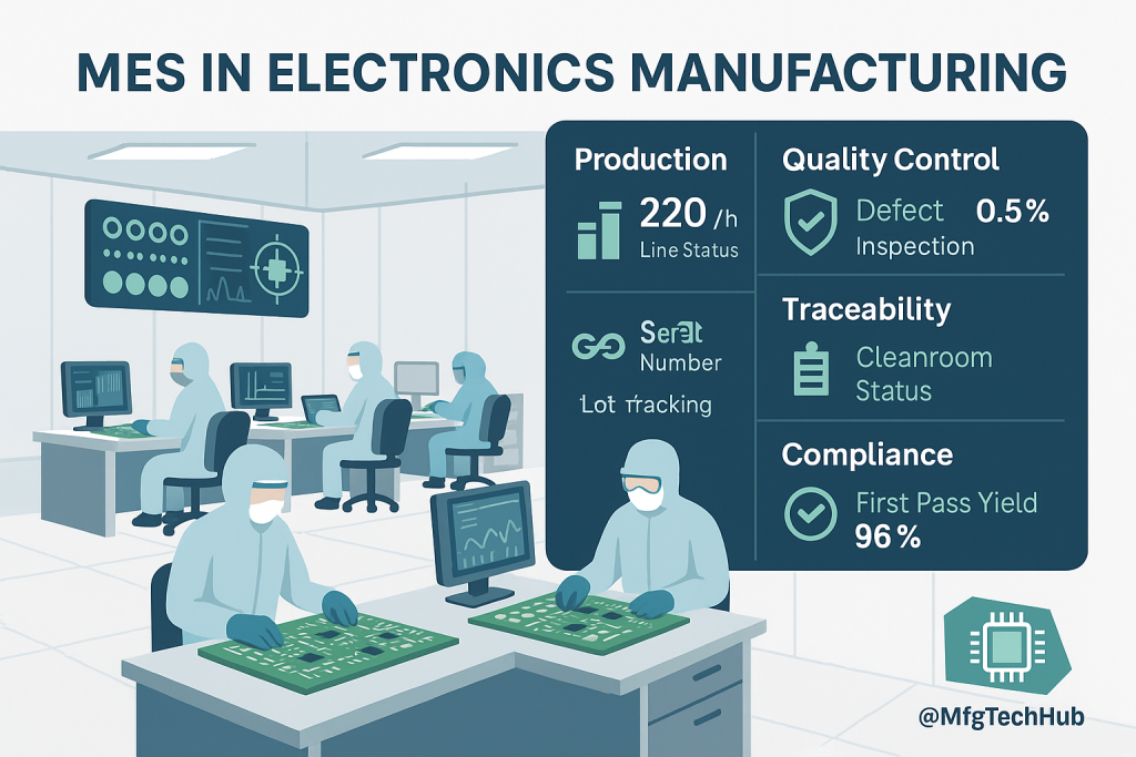 Infographic showing MES in electronics manufacturing, with cleanroom assembly of circuit boards and dashboards for production and compliance metrics.