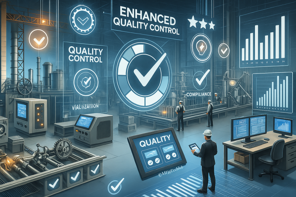 A futuristic factory floor showing MES-based quality control systems with real-time dashboards, automated inspections, and digital compliance tracking.