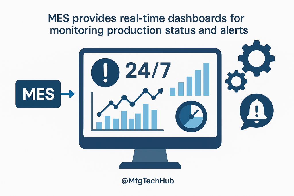 MES dashboard showing real-time production metrics, alerts, and workflow monitoring in a smart manufacturing environment.