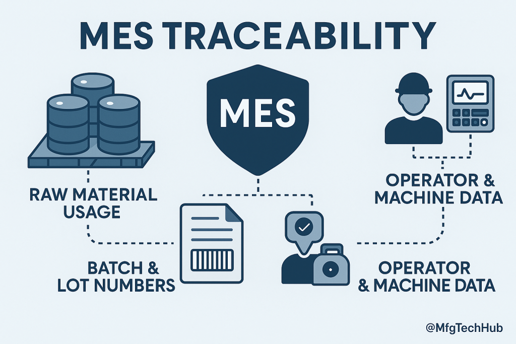 MES traceability tracking raw materials, batch numbers, operator and machine data.