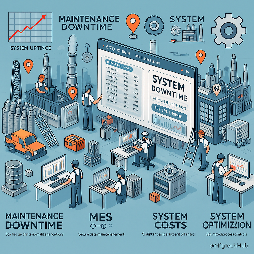 Infographic showing MES system monitoring maintenance downtime, costs, and efficiency in an industrial environment