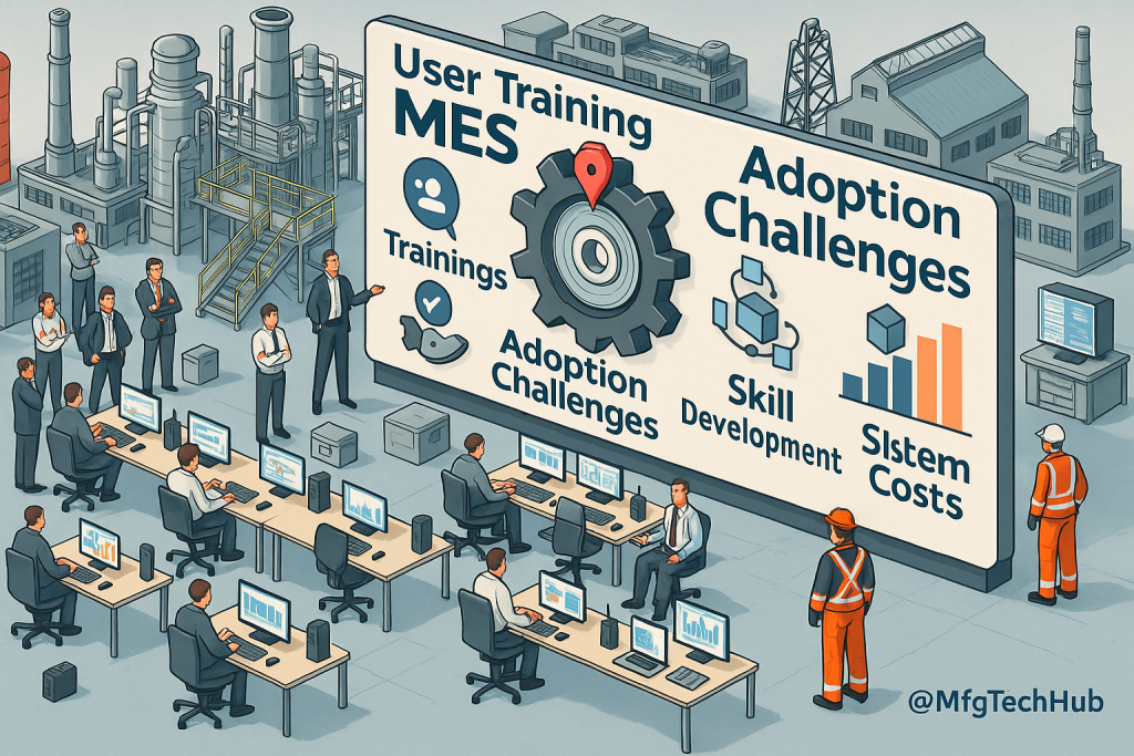 Digital illustration showing MES adoption challenges, user training, and skill development in a factory setting