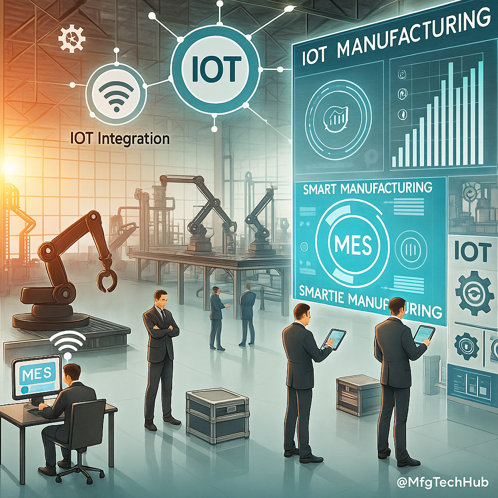 A smart manufacturing infographic showing IoT integration and MES in a connected factory environment