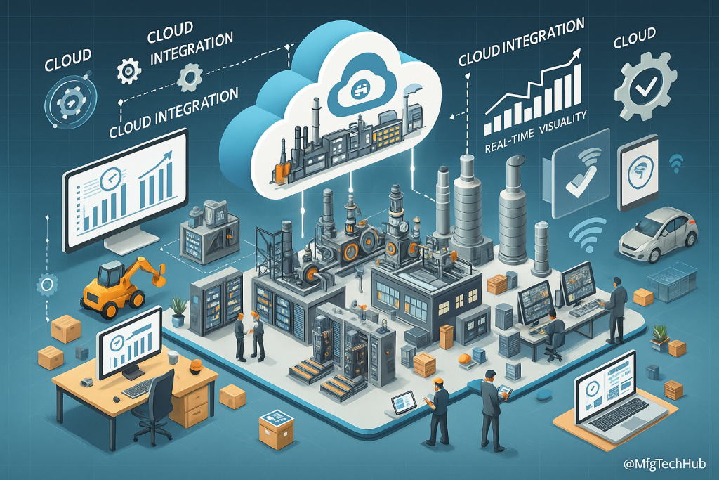 A smart factory with cloud integration, real-time analytics dashboards, industrial equipment, and operators managing data systems