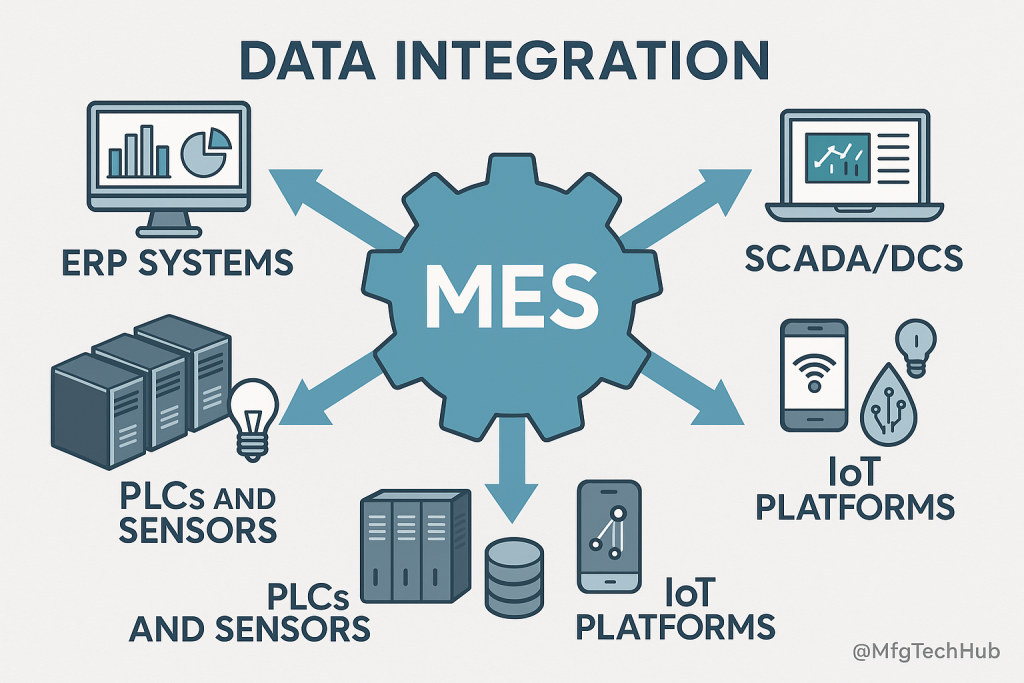 Infographic showing MES data integration with arrows linking ERP systems, SCADA/DCS, PLCs, and IoT platforms to a central MES hub.