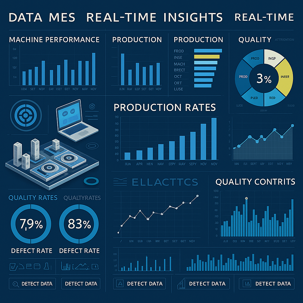 Real-time MES dashboard infographic showing machine performance, production rates, quality insights, and data integration.