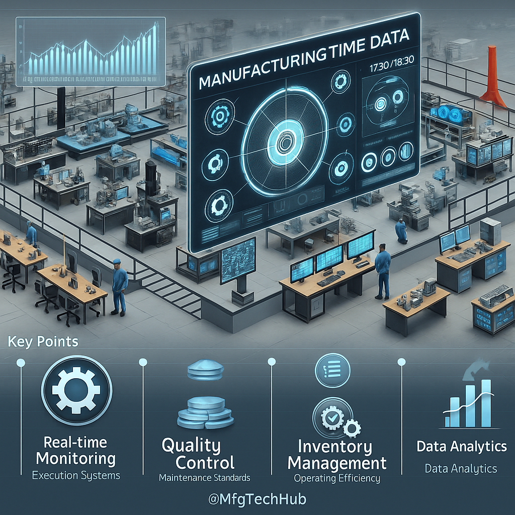 A digital infographic showcasing a modern manufacturing control room with dashboards for real-time monitoring, quality control, inventory management, and data analytics.