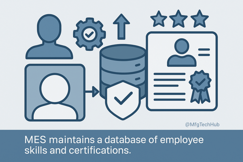 Infographic showing MES skill and certification database with icons representing employee profiles, training certifications, and digital workforce records.