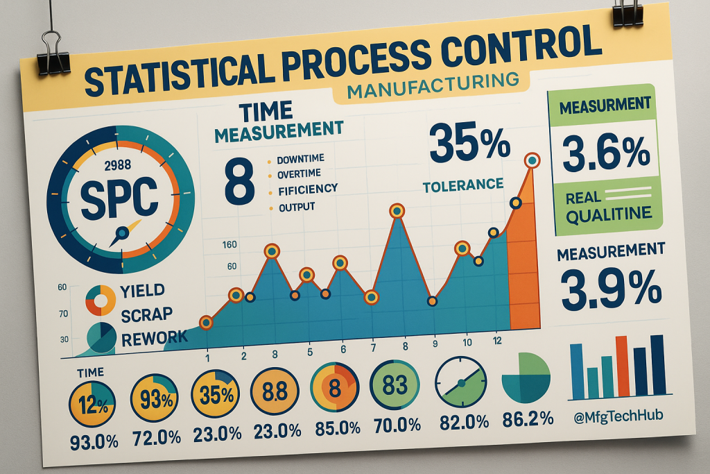 Statistical Process Control (SPC) chart with manufacturing tolerance, time measurement, and control limits