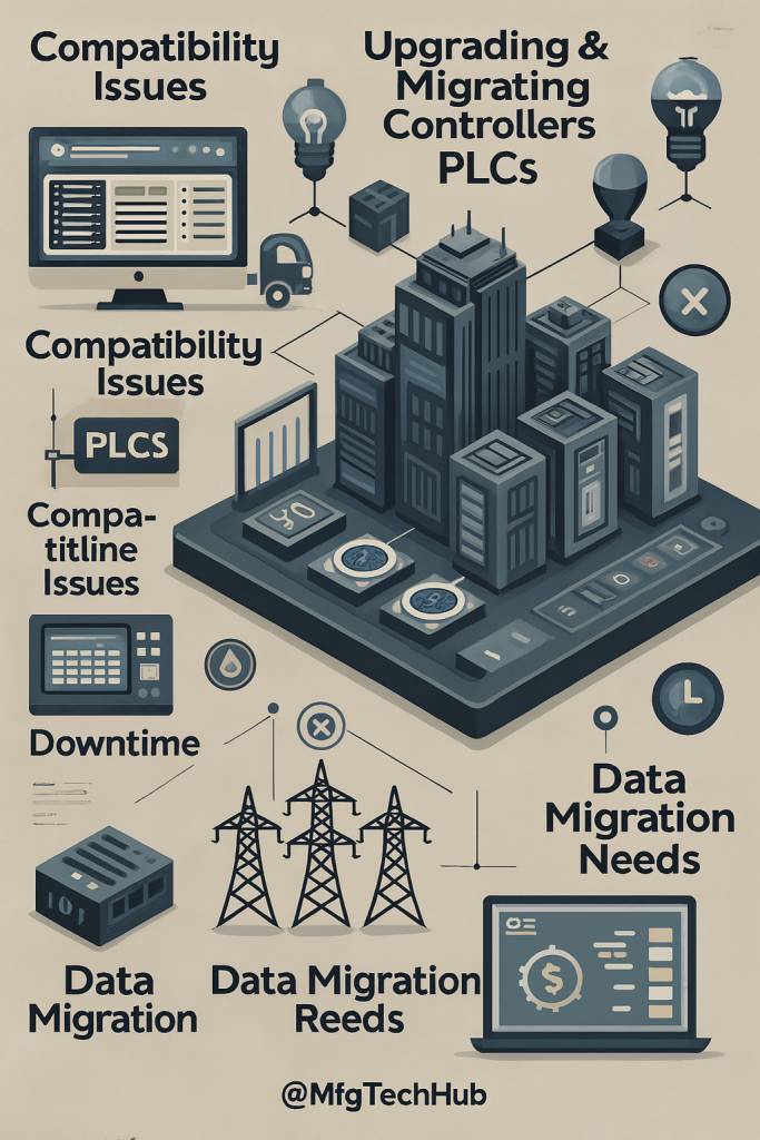 PLC upgrading, compatibility issues, downtime, and data migration steps with modern industrial servers and controllers, titled 'Upgrading & Integrating Controllers