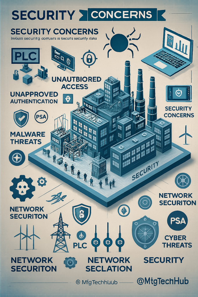 The industrial security concerns including unauthorized access, unapproved authentication, malware threats, network security, and cyber threats around a factory structure.