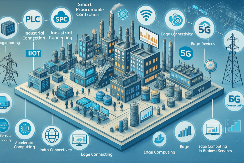 Industrial automation infographic showing PLC programming languages and communication protocols with icons like Ladder Logic, Structured Text, Function Block Diagram, Profibus, Profinet, OPC UA, Modbus, and Wireless Function Chart.