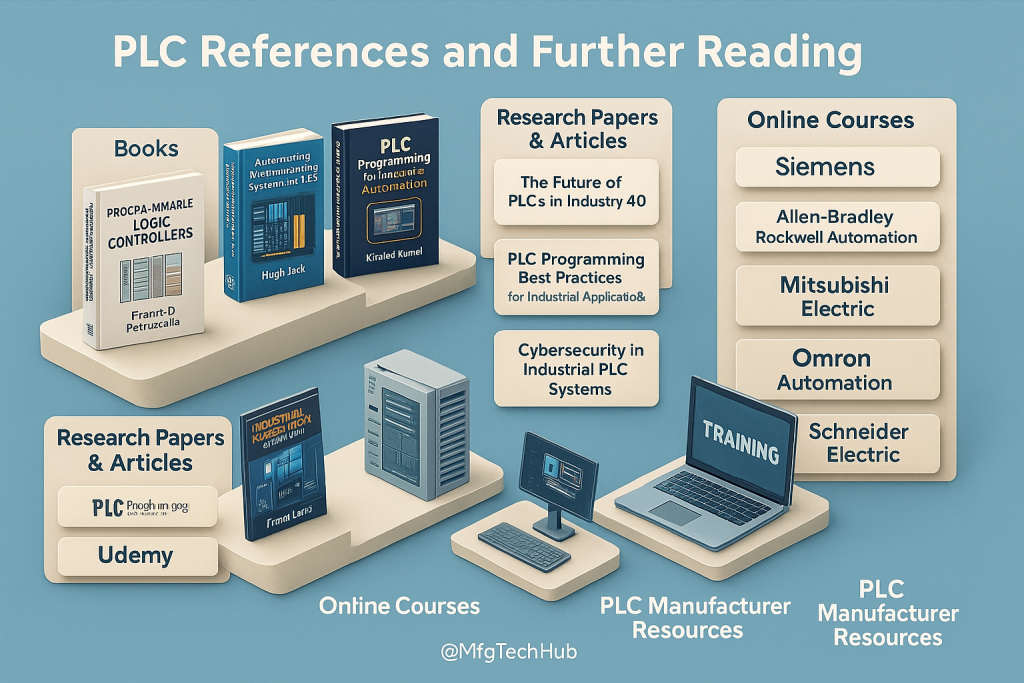 Displaying books, research papers, courses, and manufacturer links for learning PLC technology, titled 