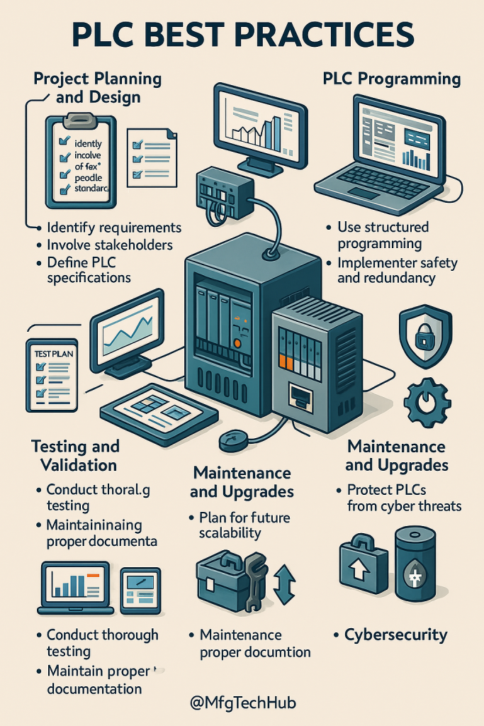 PLC Best Practices Infographic - Project Planning, Programming, Testing, Maintenance, and Cybersecurity