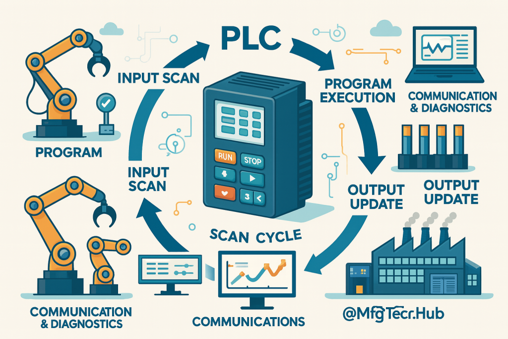 Infographic showing PLC scan cycle steps-Input Scan, Program Execution, Output Update, and Communication & Diagnostics-with robotic arms and factory elements