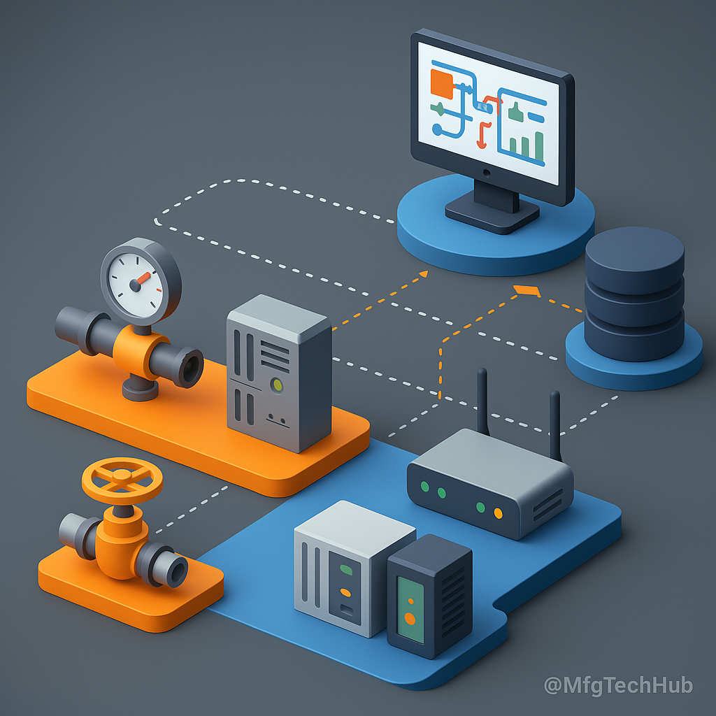 Traditional SCADA Architecture including master station, RTUs, sensors, actuators, and proprietary communication