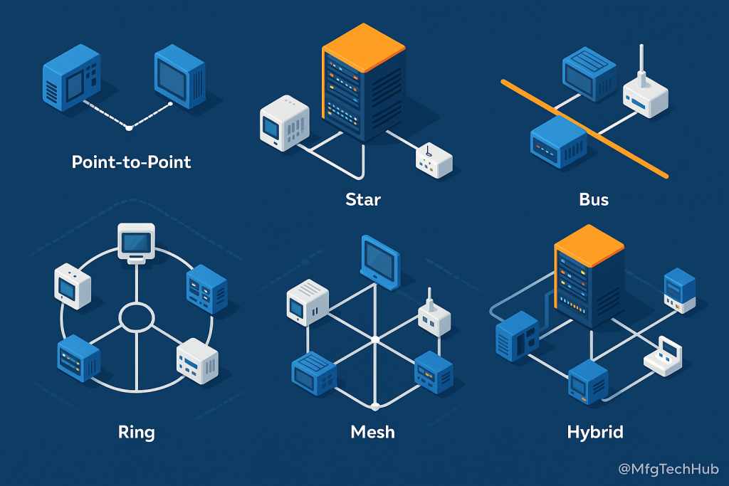 SCADA network topologies including point-to-point, star, bus, ring, mesh, and hybrid structures with visual representation