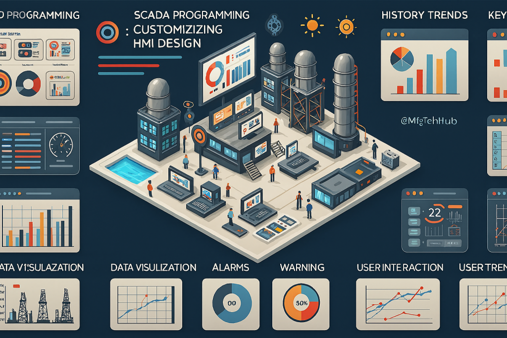 SCADA software configuration and programming with HMI interfaces, alarms, data visualization, and user interaction