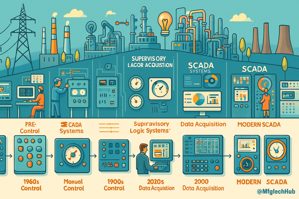The evolution of SCADA systems from early control panels in the 1960s to modern digital SCADA interfaces, featuring operators, industrial plants, and control devices