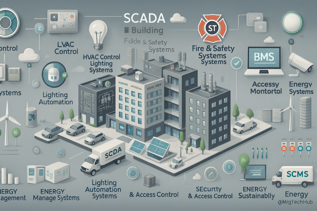 SCADA system applications in building automation including HVAC, lighting, fire safety, security, and energy management.