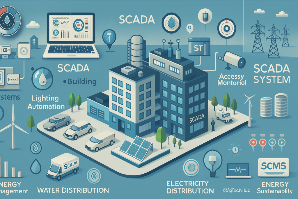 SCADA applications in water management, gas distribution, electricity grid, and utility monitoring with real-time control systems.