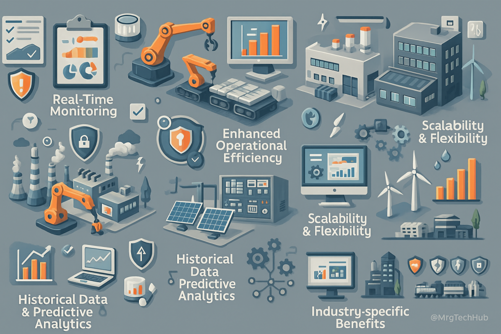 Advantages of SCADA systems such as real-time monitoring, cost reduction, efficiency, safety, and energy savings across various industries.