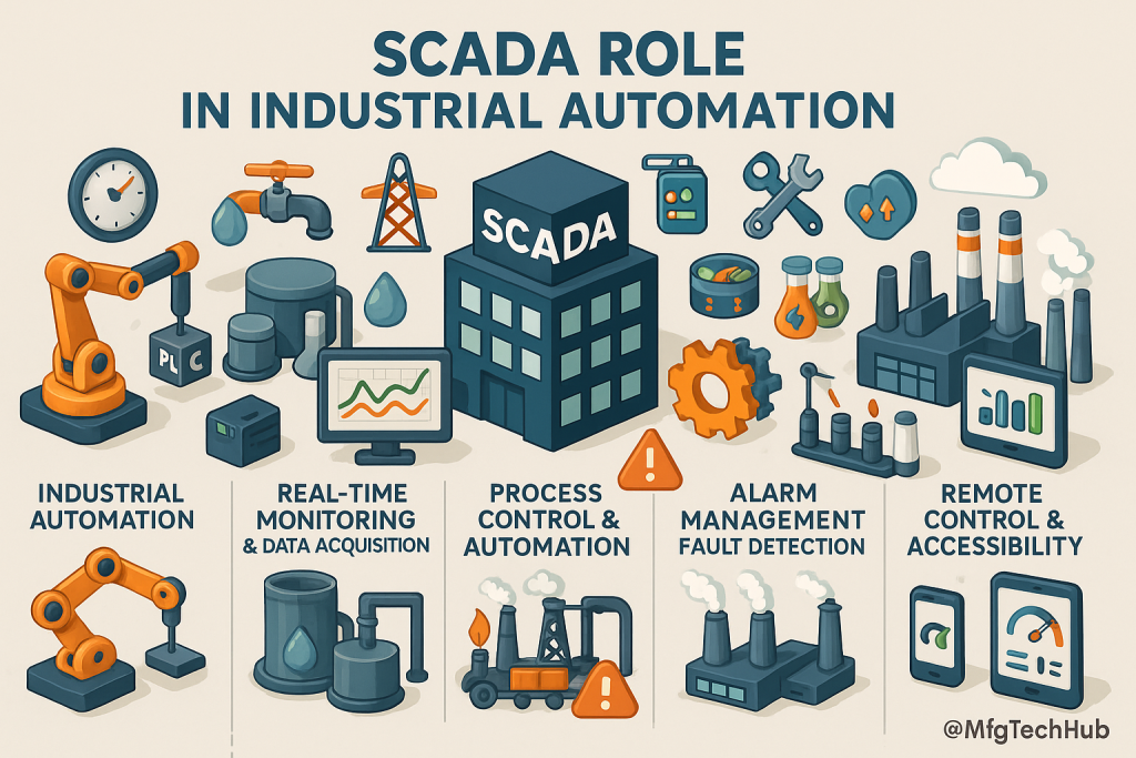 SCADA's role in industrial automation, including real-time monitoring, process control, fault detection, and remote control across industries.