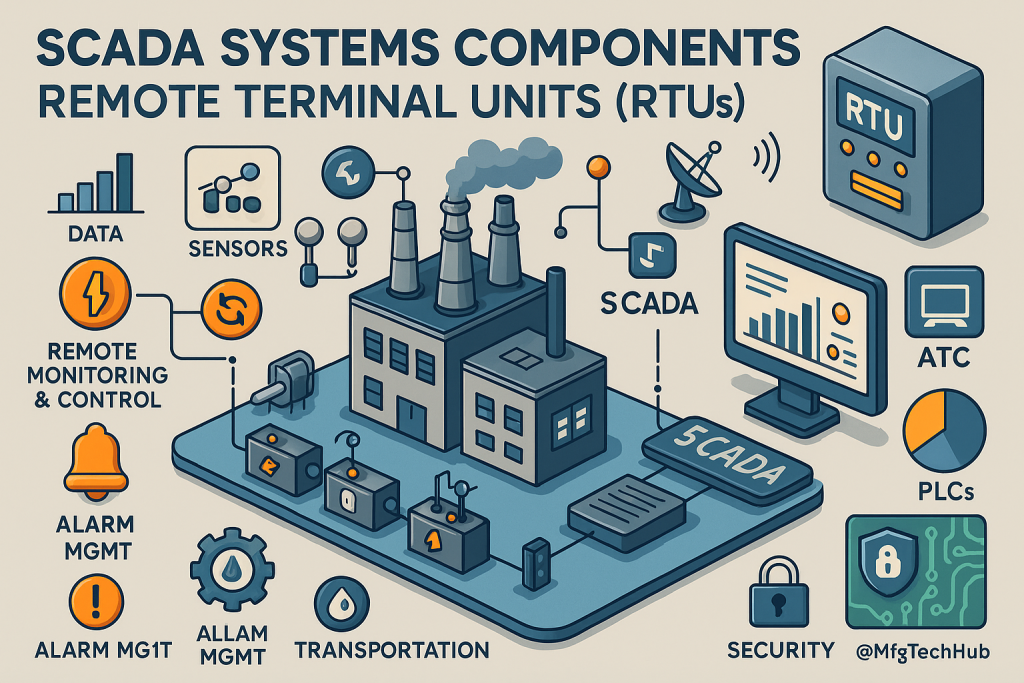 Remote Terminal Units (RTUs) in SCADA systems, including icons for sensors, monitoring, data flow, alarms, and industrial automation.